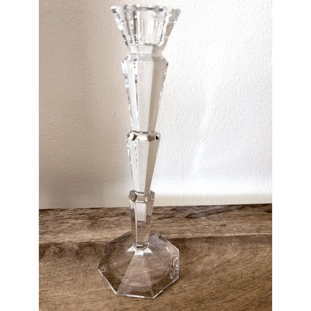Art Deco Crystal Glass Taper Candle Holder Tiered Geometric Hexagon Base 9.5 in